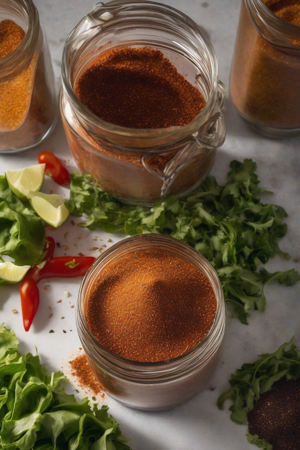 A high-resolution photo of low-sodium taco seasoning blend in a jar, seasoning turkey tacos with greens, under soft lighting.