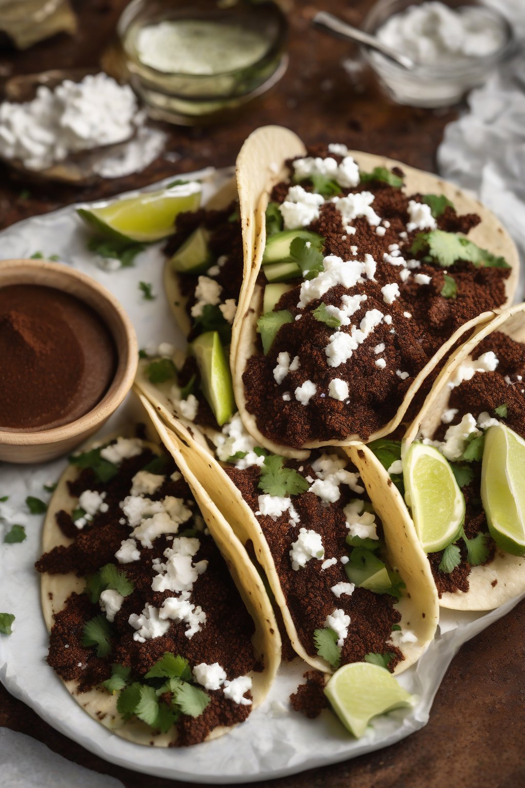 A high-resolution photo of Mexican chocolate taco seasoning dusted on beef tacos with queso fresco, under soft lighting.