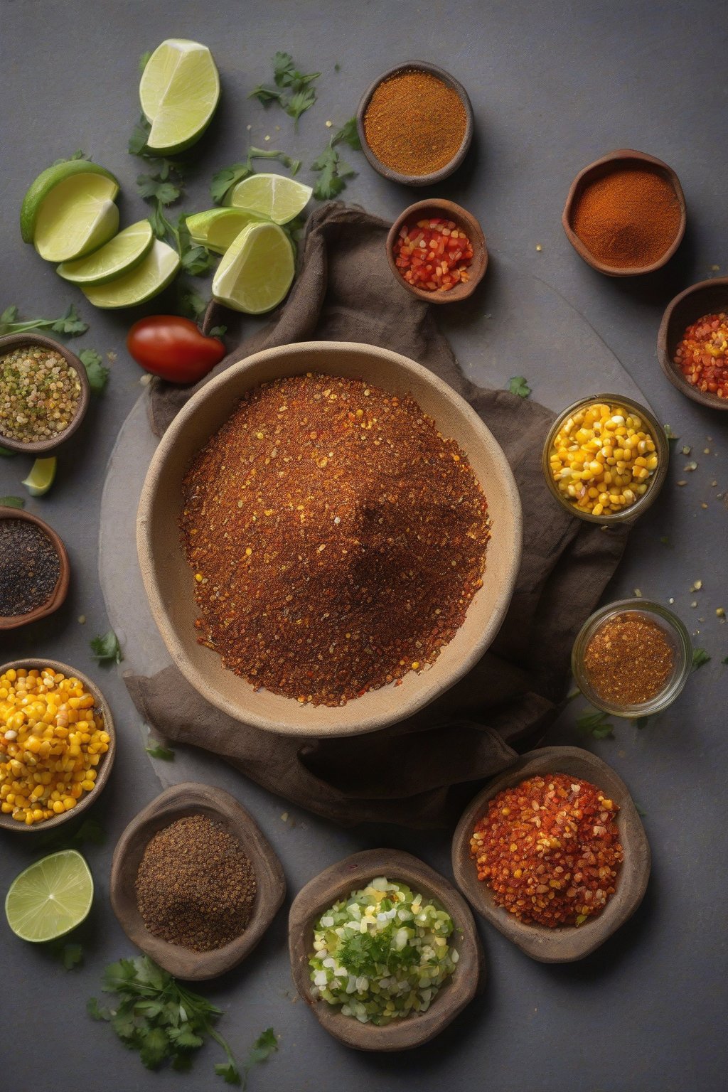 A high-resolution photo of cumin-heavy taco seasoning in a spice bowl, on veggie tacos with corn salsa, under soft lighting.