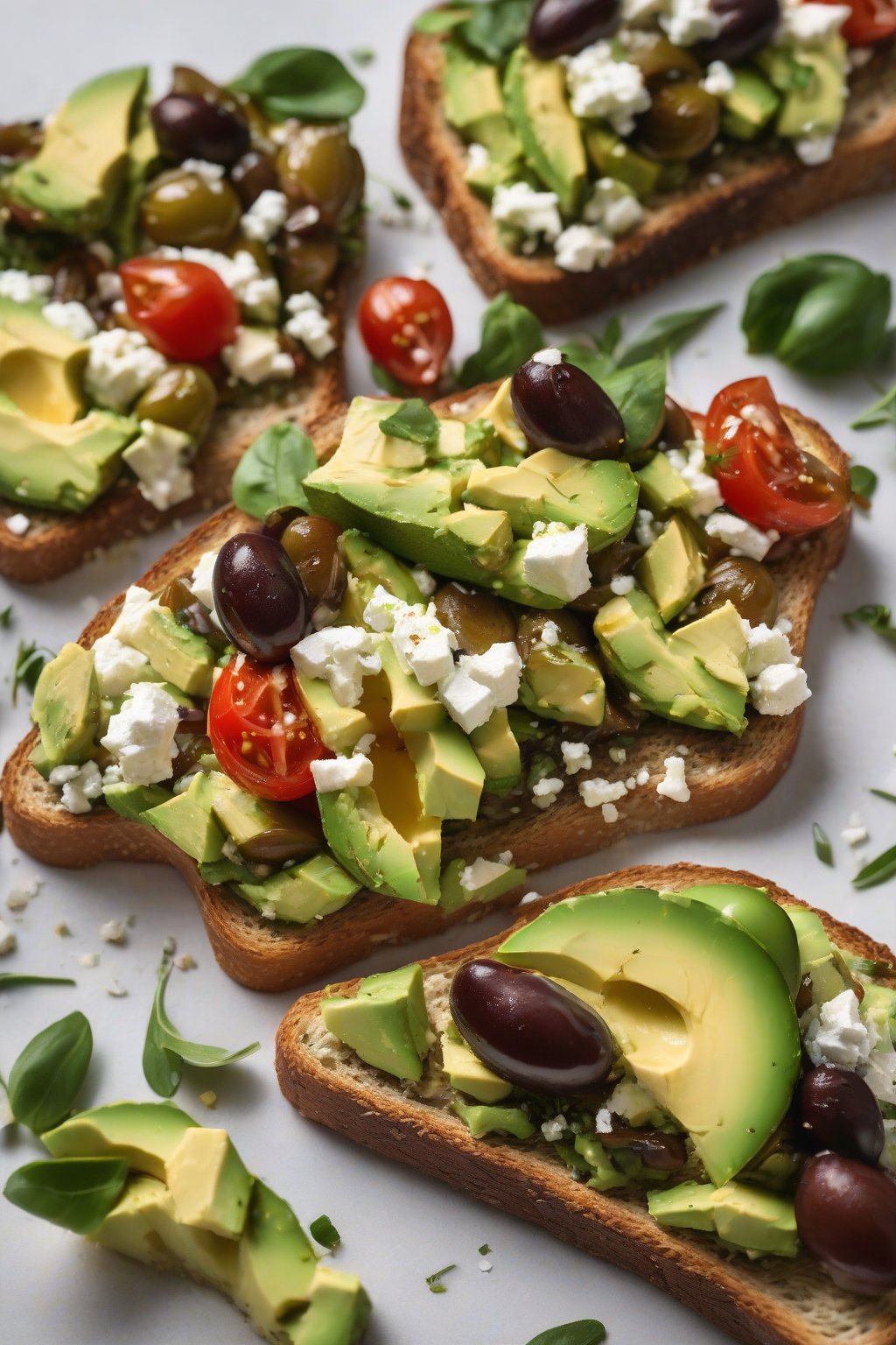 A high-resolution photo of Mediterranean feta olive avocado toast under soft lighting.