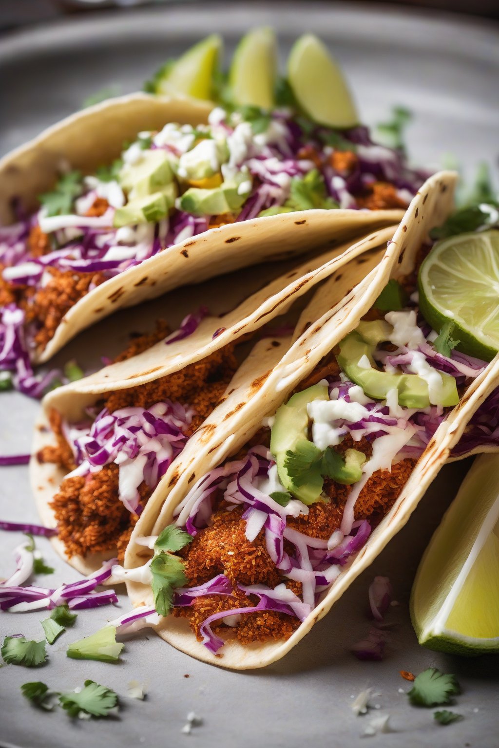 A high-resolution photo of herb-infused taco seasoning sprinkled over fish tacos with slaw, under soft lighting.