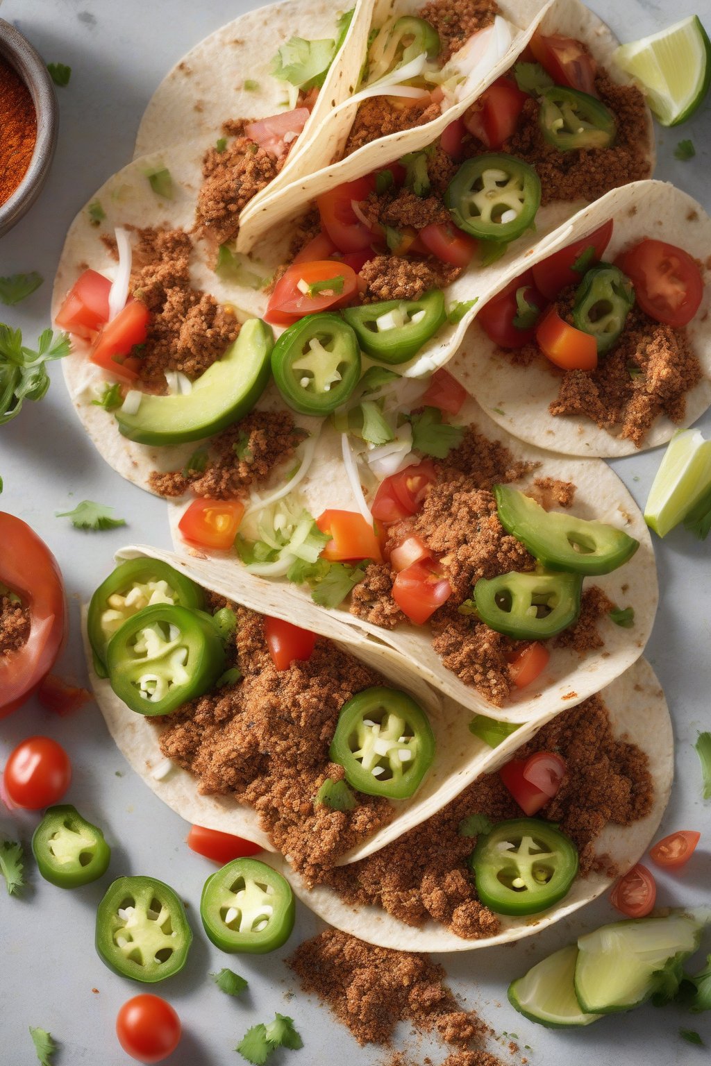 A high-resolution photo of jalapeño taco seasoning on ground turkey tacos with tomatoes, under soft lighting.