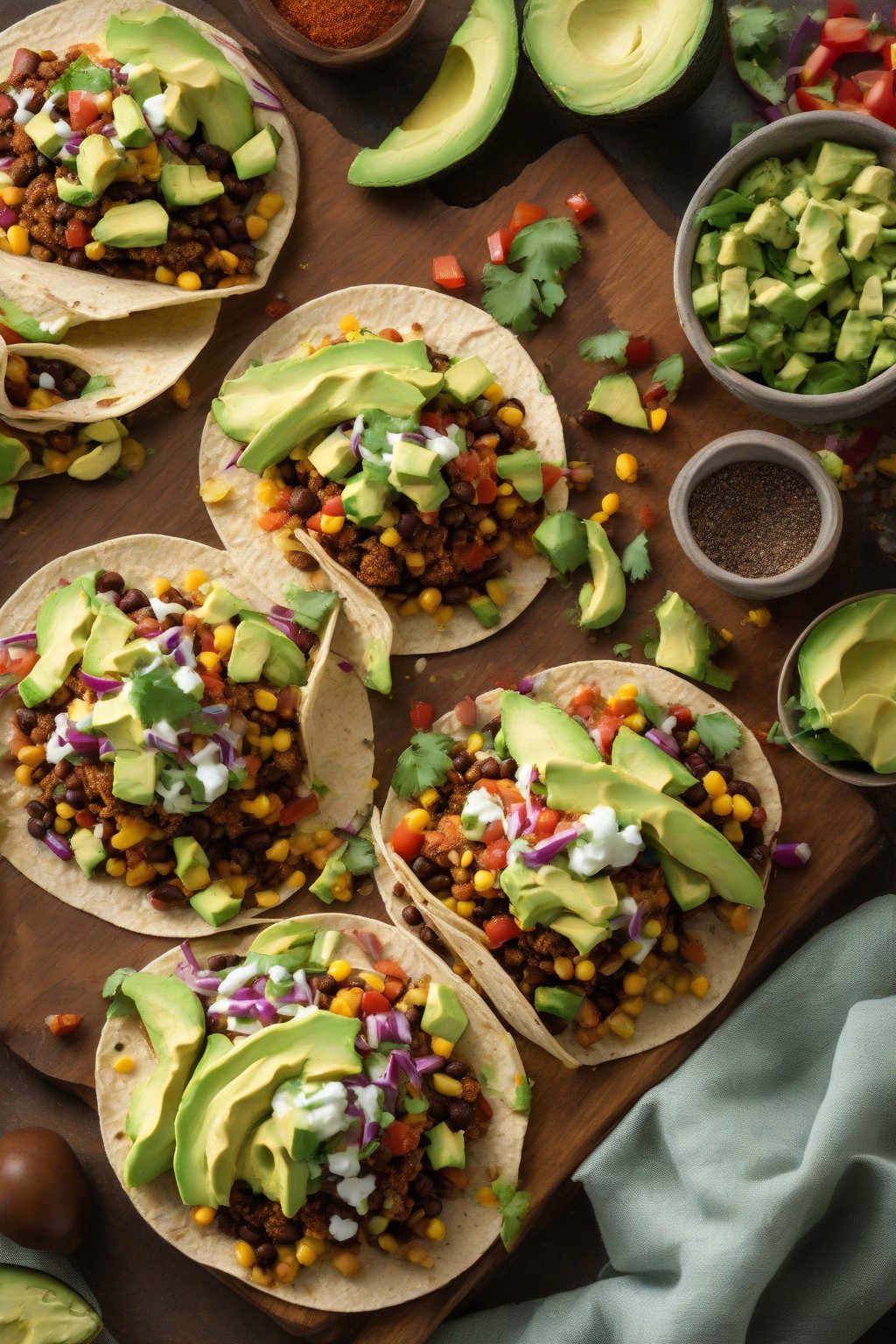 A high-resolution photo of fiesta veggie taco seasoning over loaded veggie tacos with beans and avocado, under soft lighting.