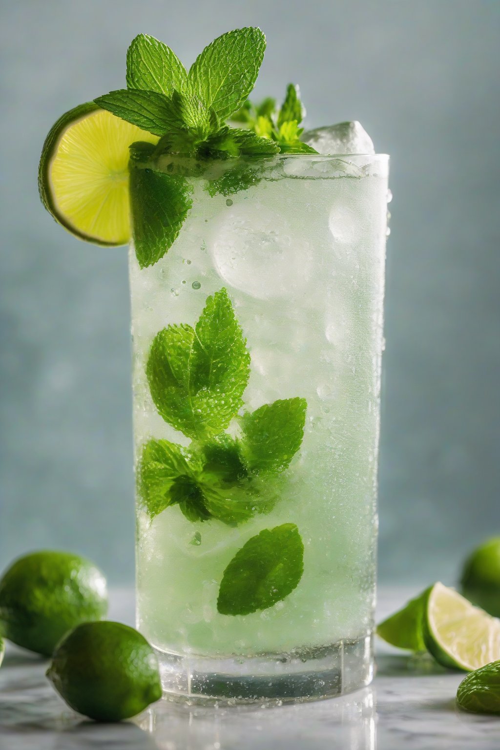 A close-up photo of a classic mint mojito in a highball glass, garnished with a mint sprig and lime wheel, condensation beading on the glass under soft lighting.