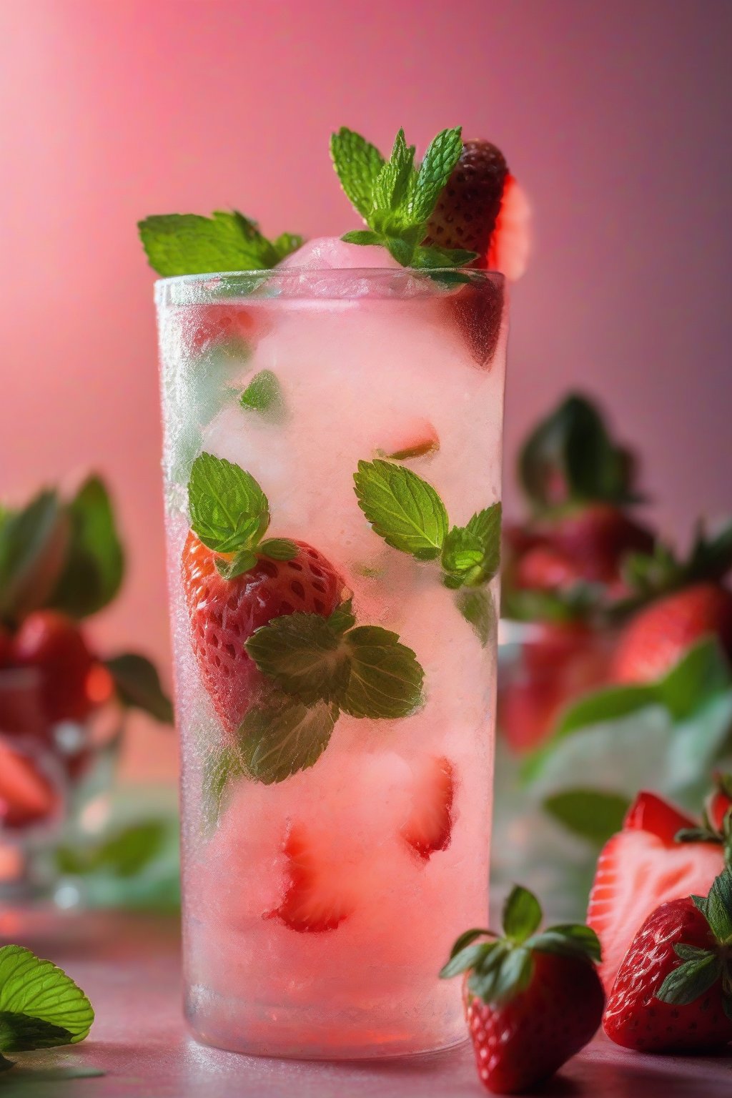 A close-up photo of a strawberry mint mojito garnished with a strawberry slice and mint, pink hues glowing in a frosty glass under soft lighting.