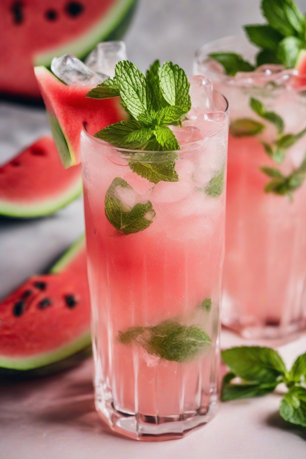 A close-up photo of a watermelon mint mojito with a watermelon wedge garnish, pale pink and bubbly in a tall glass under soft lighting.
