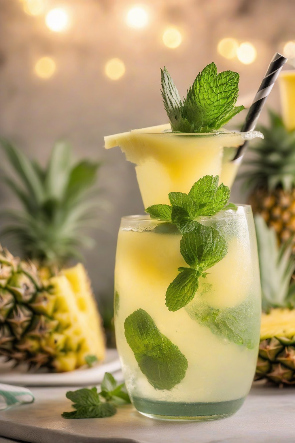 A close-up photo of a pineapple mint mojito topped with a pineapple slice and mint sprig, golden tones in a chilled glass under soft lighting.