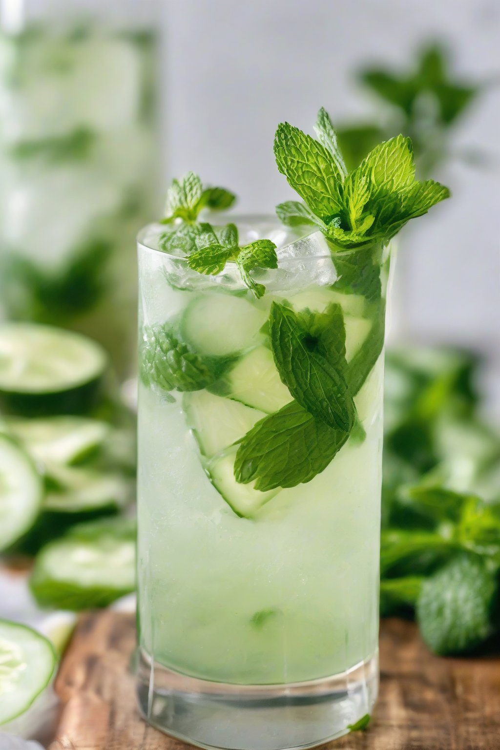 A close-up photo of a cucumber mint mojito with cucumber ribbon and mint garnish, clear and refreshing in a highball glass under soft lighting.