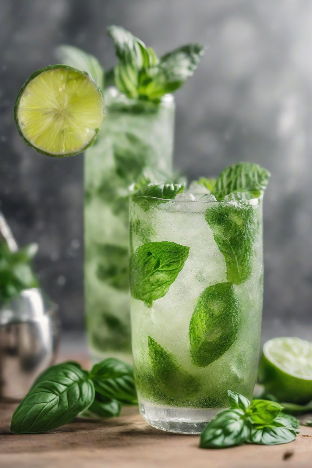 A close-up photo of a basil-mint mojito garnished with fresh basil and mint, green flecks in a bubbly glass under soft lighting.
