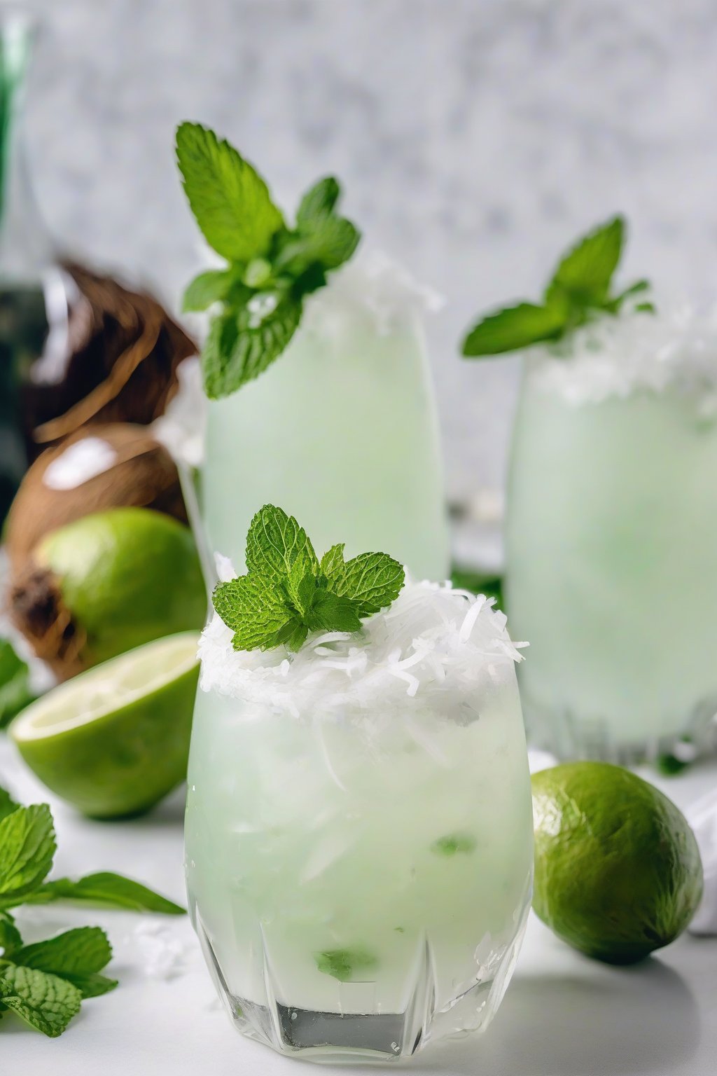 A close-up photo of a coconut mint mojito with shredded coconut rim and mint sprig, creamy white in a frosted glass under soft lighting.