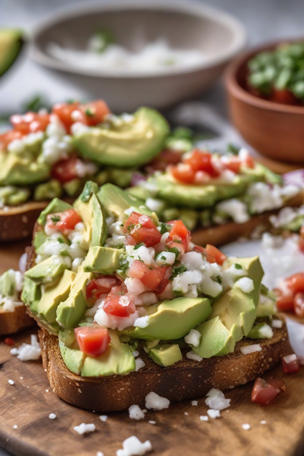 A high-resolution photo of pico de gallo cotija avocado toast under soft lighting.