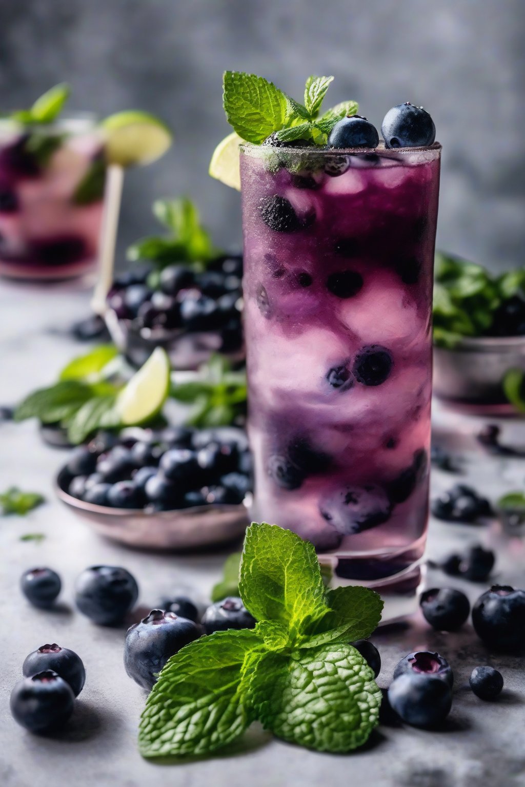A close-up photo of a blueberry mint mojito garnished with blueberries and mint, deep purple layers in a glass under soft lighting.