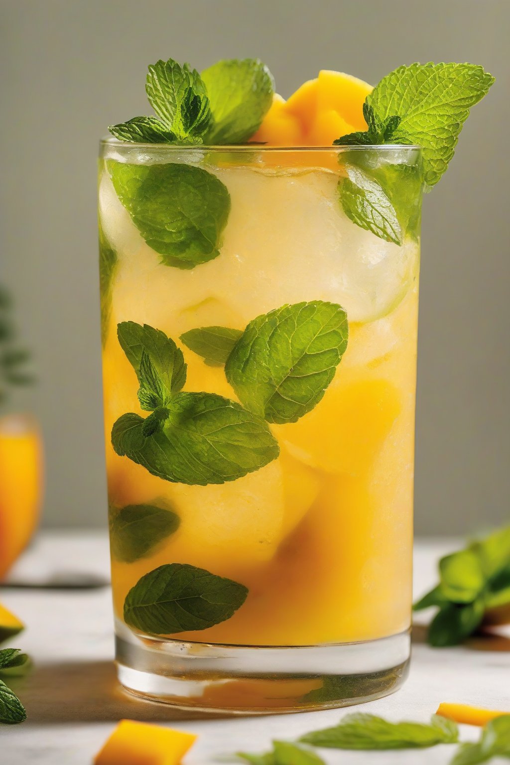 A close-up photo of a mango mint mojito with mango chunk and mint garnish, vibrant orange in a highball glass under soft lighting.