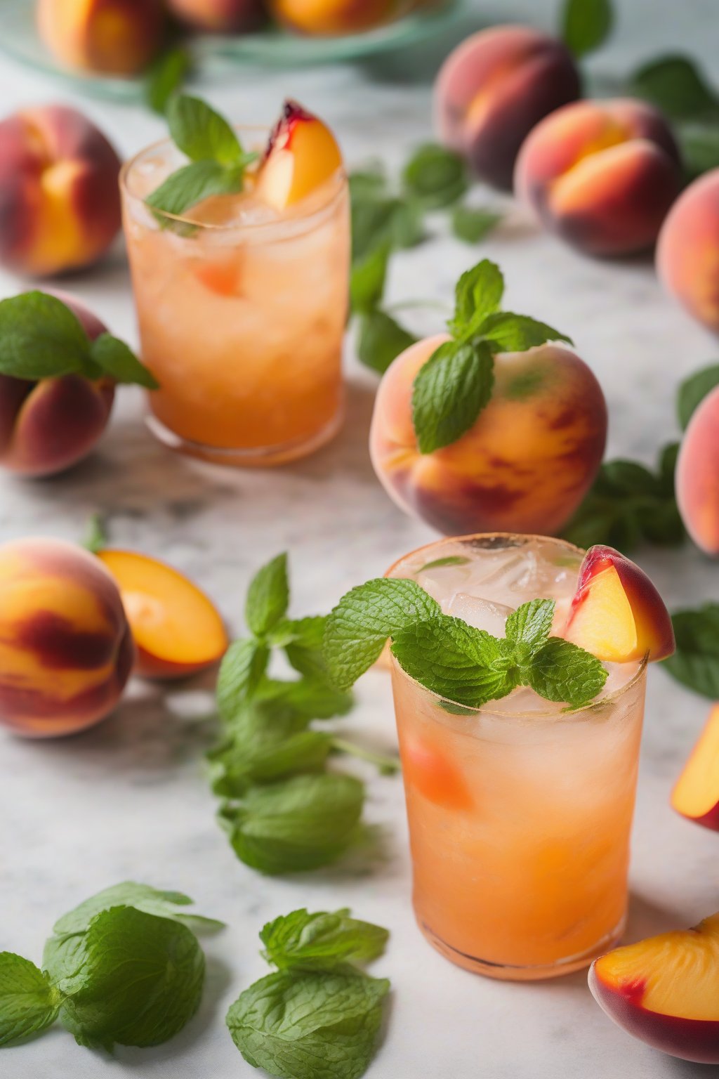 A close-up photo of a peach mint mojito topped with a peach slice and mint, soft orange hues in a chilled glass under soft lighting.