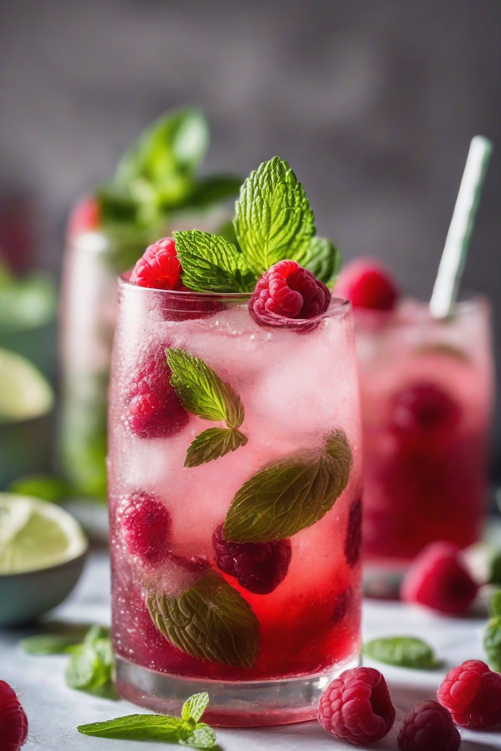 A close-up photo of a raspberry mint mojito garnished with raspberries and mint sprig, ruby red and fizzy in a glass under soft lighting.