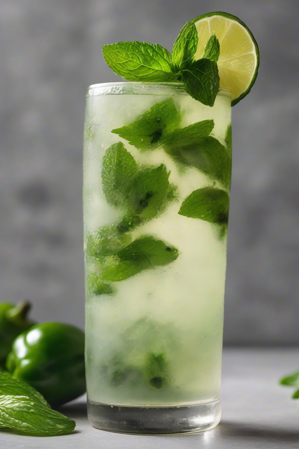 A close-up photo of a jalapeño mint mojito with jalapeño slice and mint garnish, green-tinged and spicy in a highball glass under soft lighting.