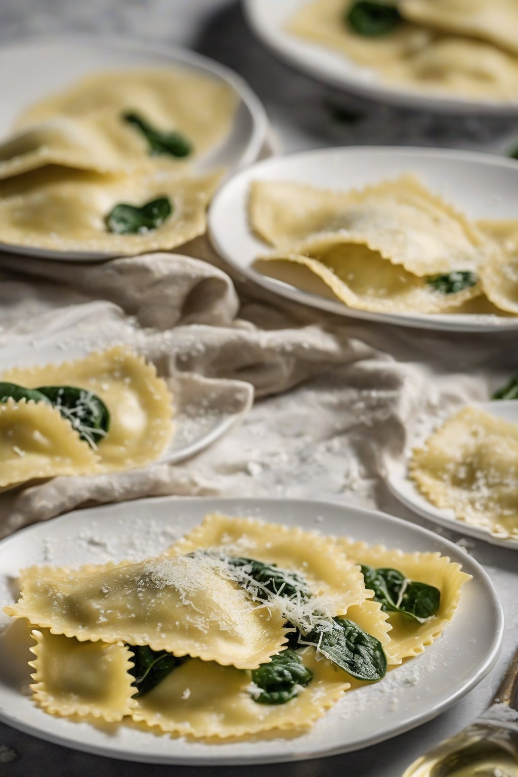 A high-resolution photo of golden classic ricotta and spinach ravioli on a white plate, glistening with olive oil and Parmesan shavings, under soft lighting.