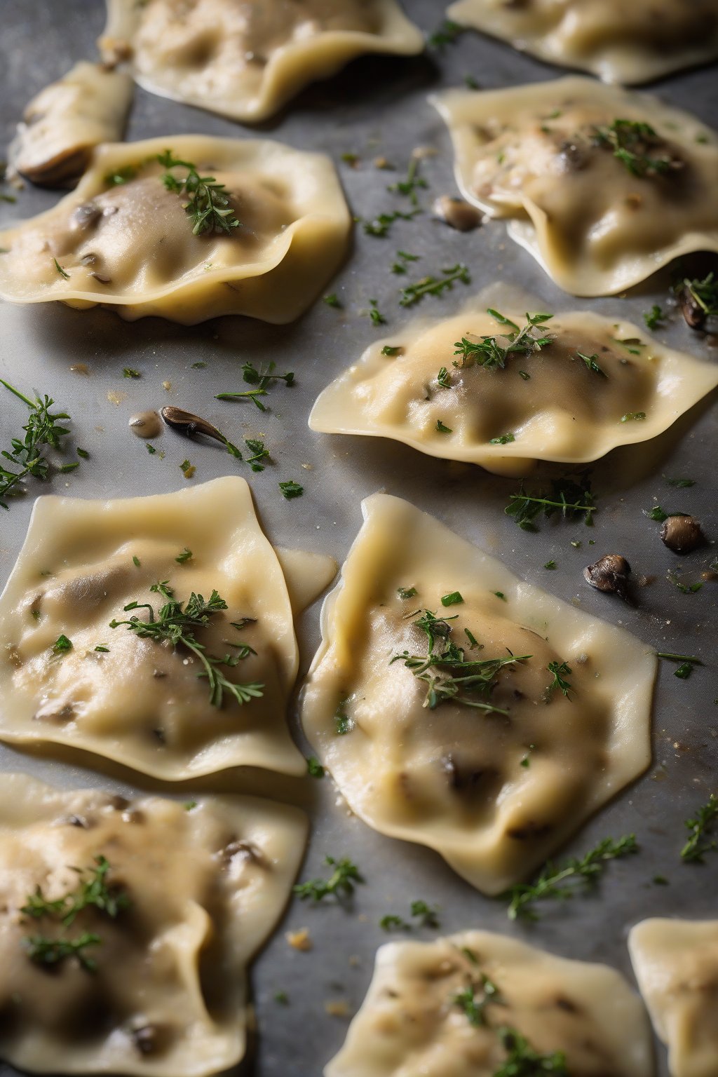 A high-resolution photo of wild mushroom ravioli topped with fresh thyme and browned butter, steam rising slightly, under soft lighting.