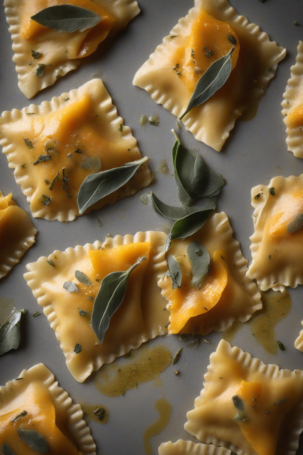 A high-resolution photo of orange-hued butternut squash ravioli drizzled with sage brown butter, sage leaves scattered on top, under soft lighting.