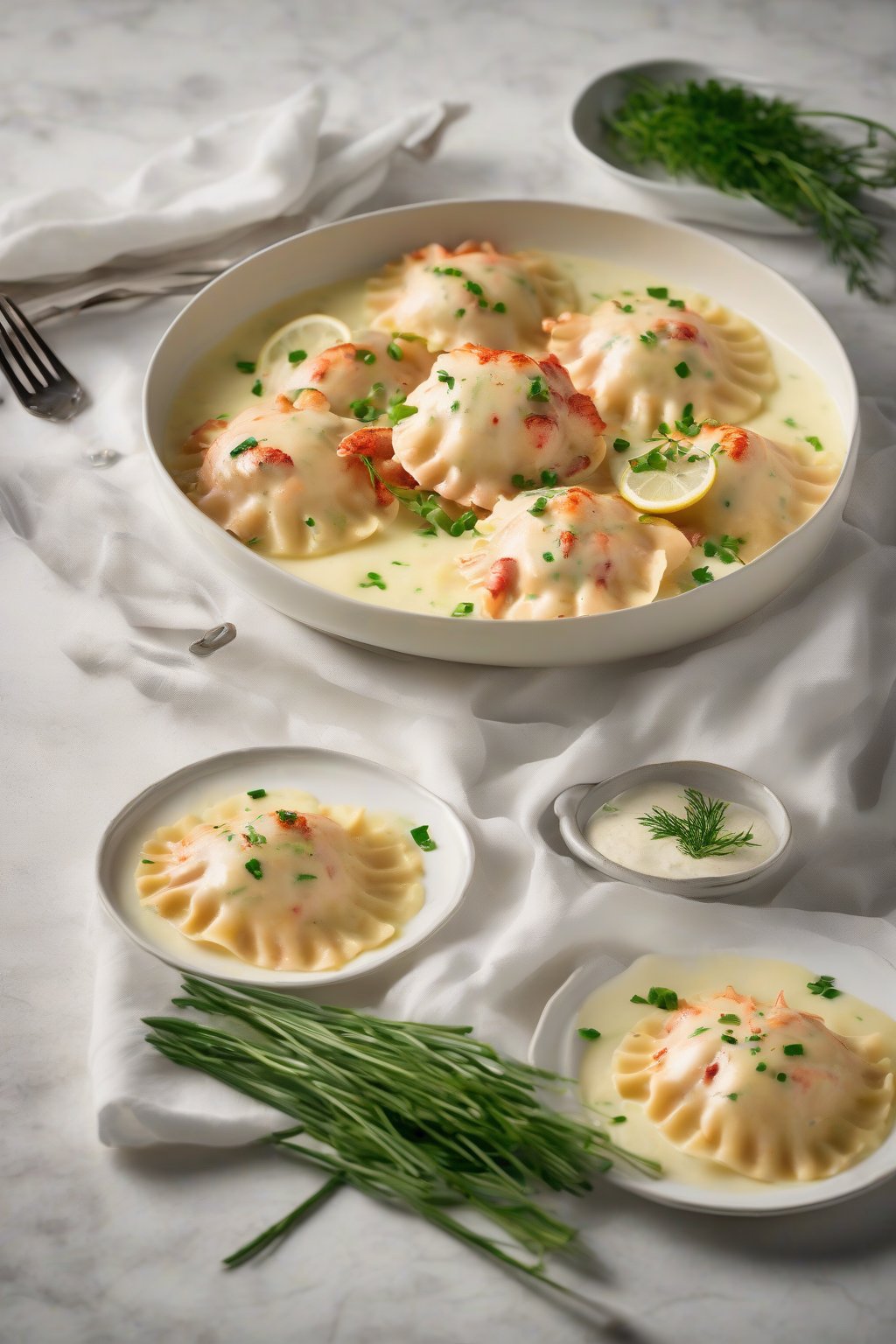 A high-resolution photo of elegant lobster ravioli swimming in creamy lemon sauce, garnished with chives, under soft lighting.