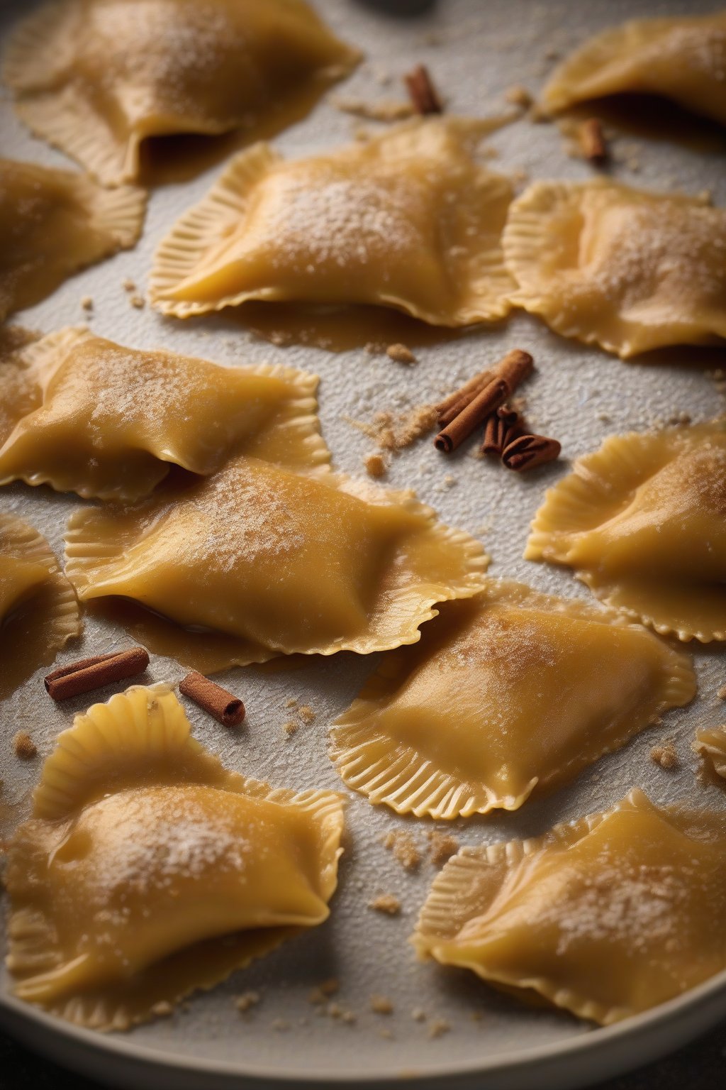 A high-resolution photo of pumpkin ravioli coated in glossy amaretto sauce, powdered with cinnamon, under soft lighting.