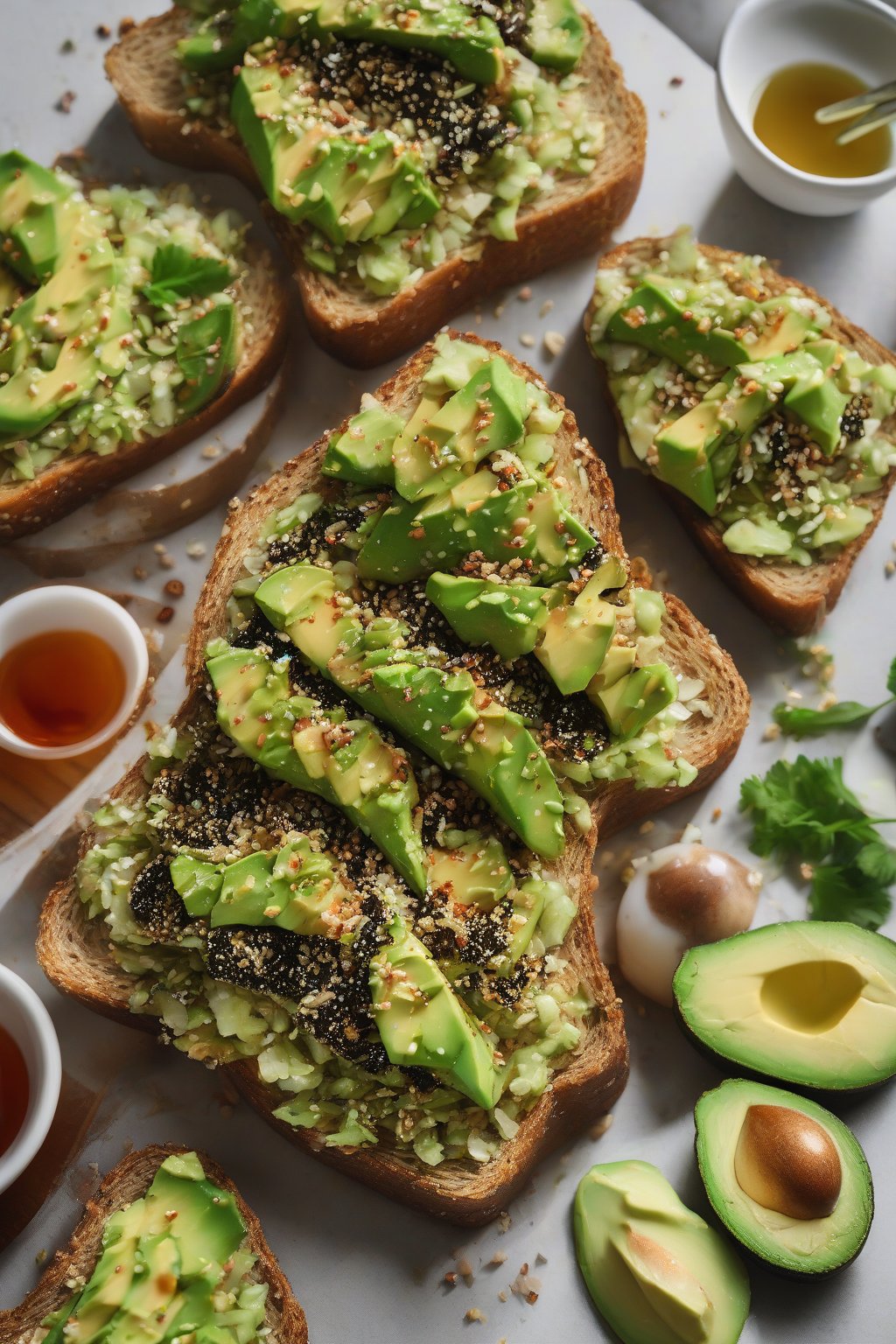 A high-resolution photo of furikake ponzu avocado toast under soft lighting.