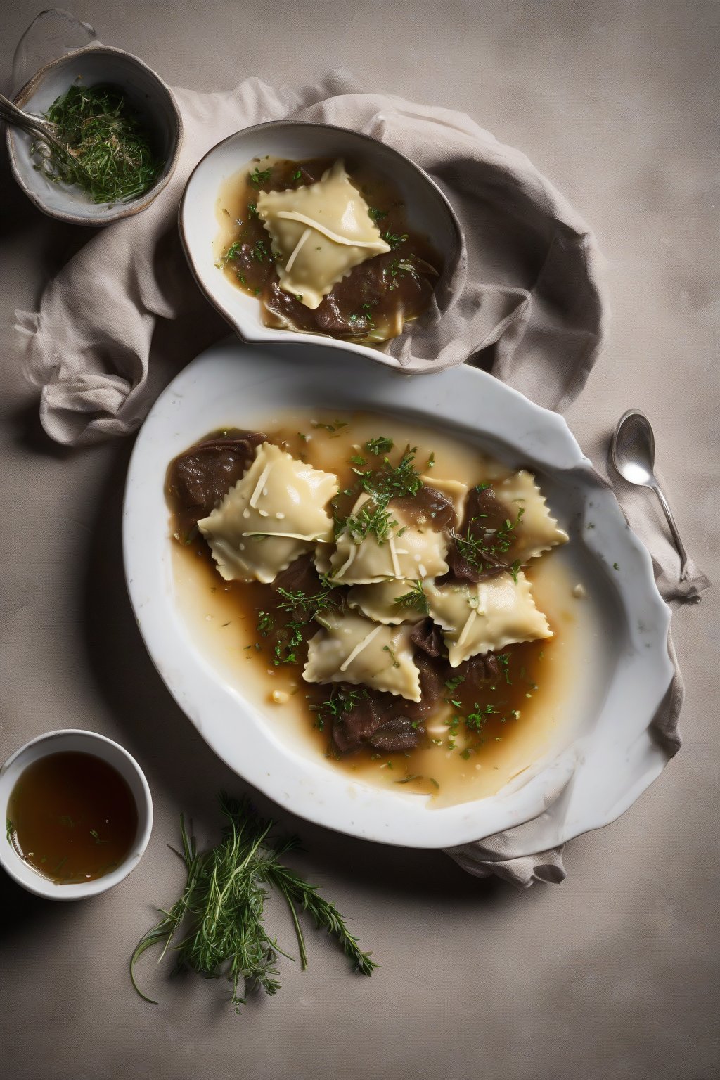 A high-resolution photo of savory short rib ravioli in rich broth, herbs on top, under soft lighting.