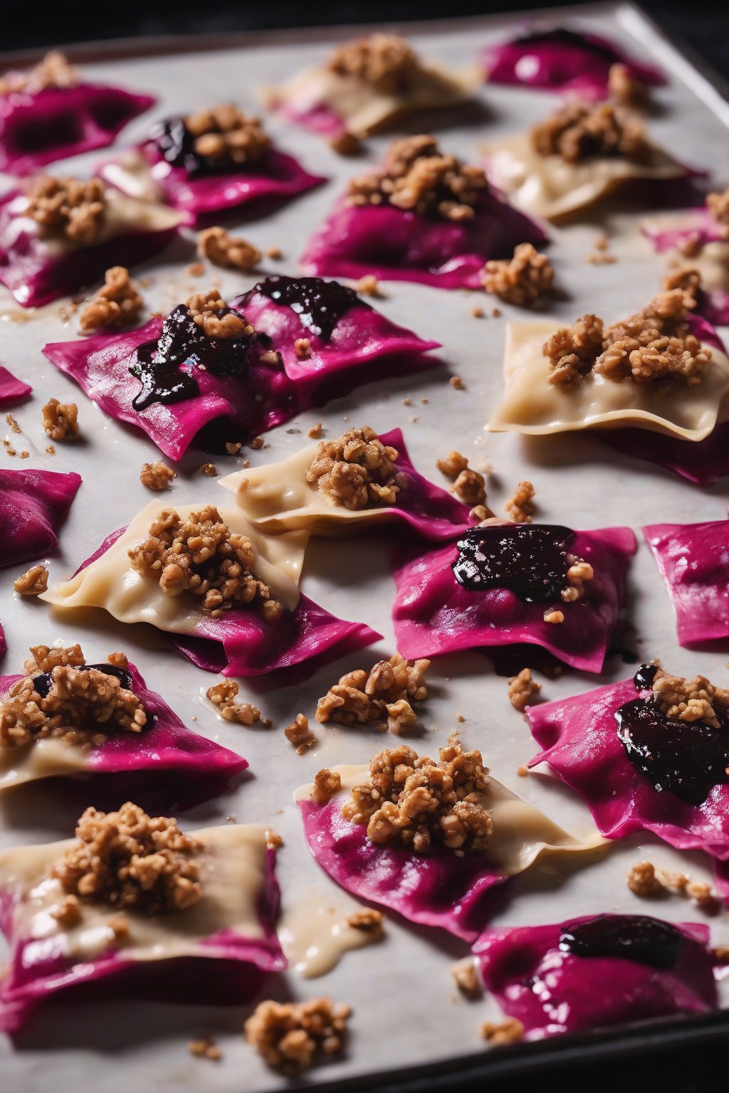 A high-resolution photo of pink goat cheese and beet ravioli with walnut crumble and balsamic glaze, under soft lighting.