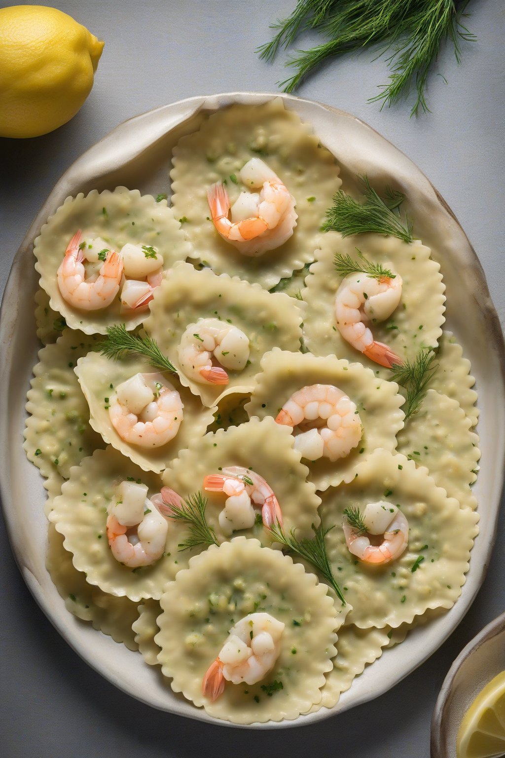 A high-resolution photo of delicate shrimp and scallop ravioli with lemon wedges and dill sprigs, under soft lighting.