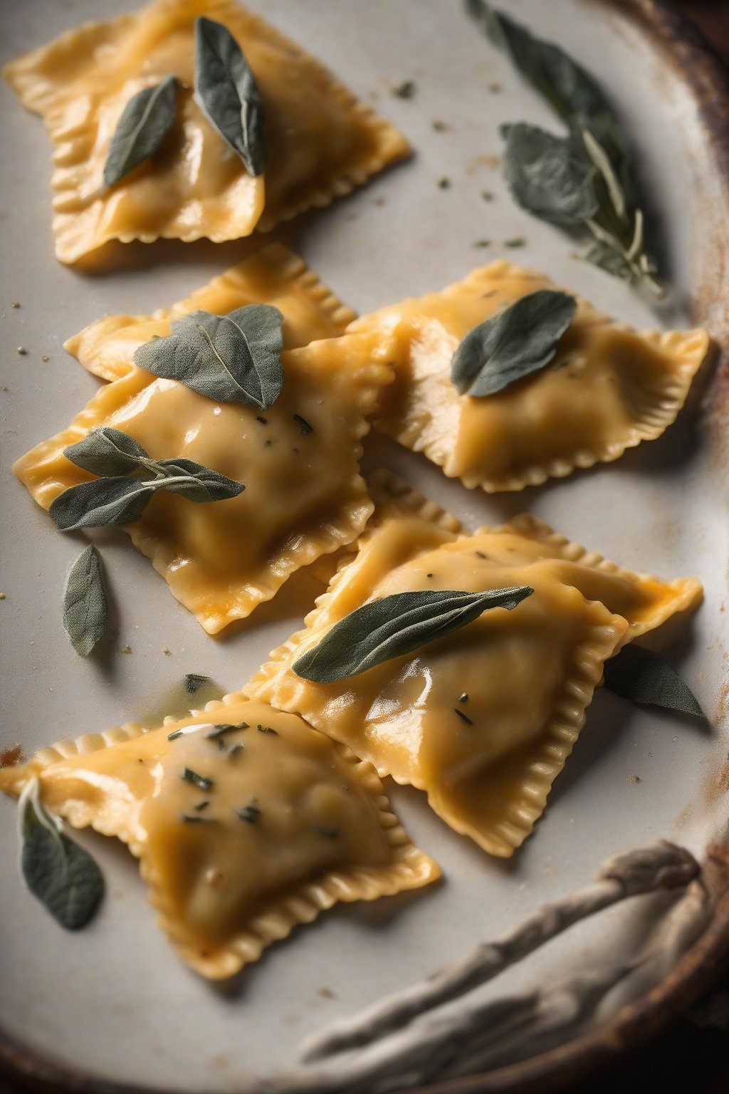 A high-resolution photo of golden sweet potato ravioli with crispy sage and maple drizzle, under soft lighting.