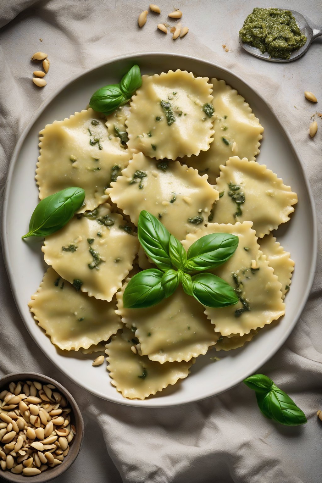 A high-resolution photo of pesto chicken ravioli piled high with fresh basil and pine nuts, under soft lighting.