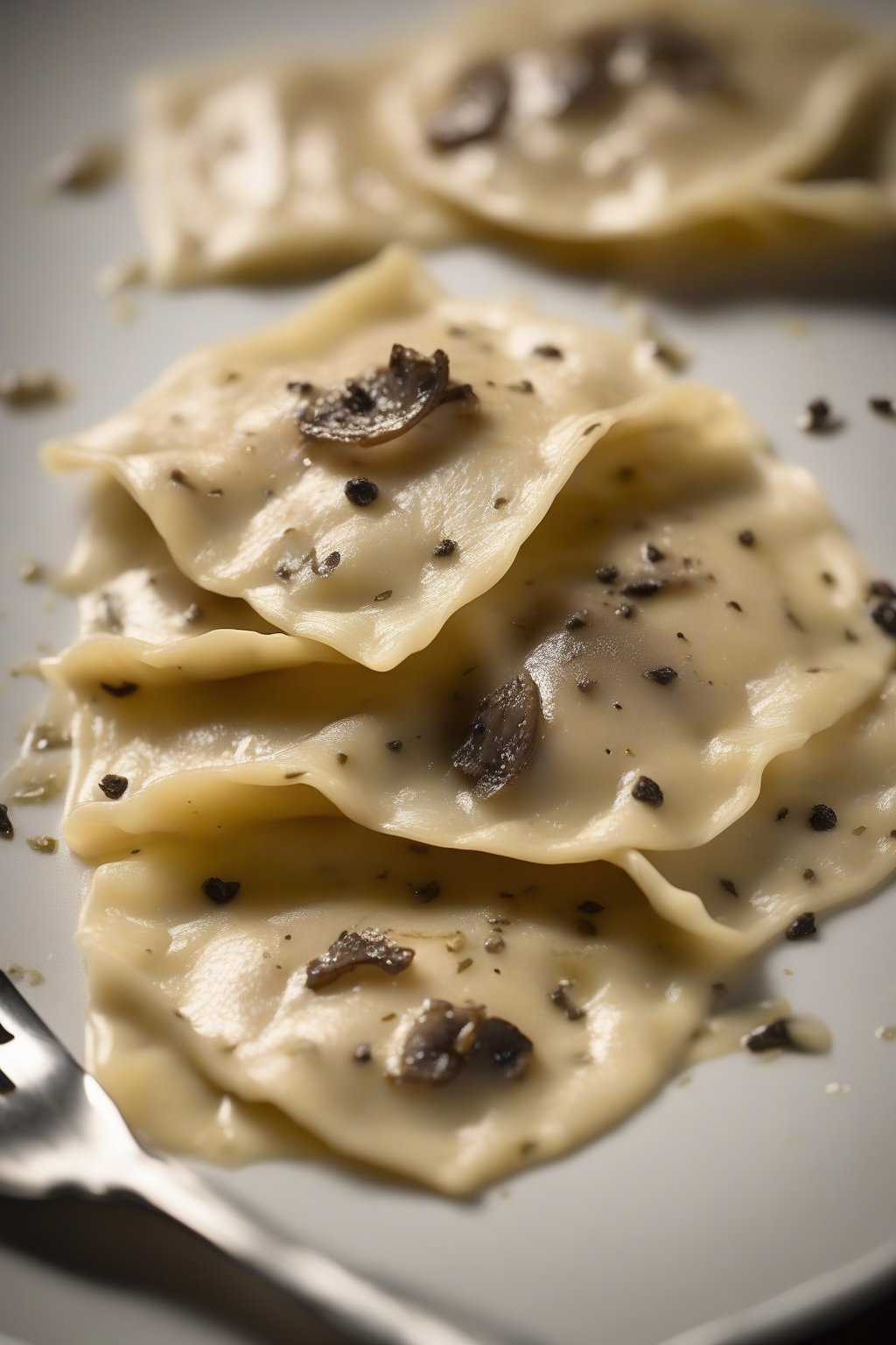 A high-resolution photo of luxurious truffle porcini ravioli shining with truffle oil, under soft lighting.