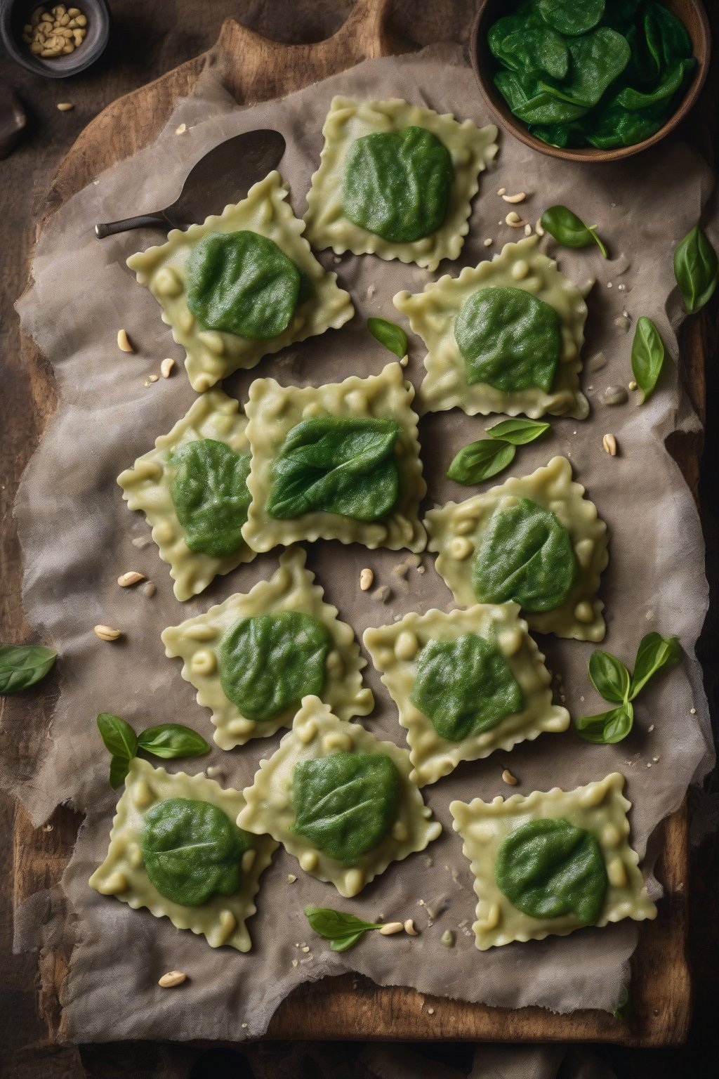 A high-resolution photo of vibrant green vegan spinach cashew ravioli on a rustic board, under soft lighting.