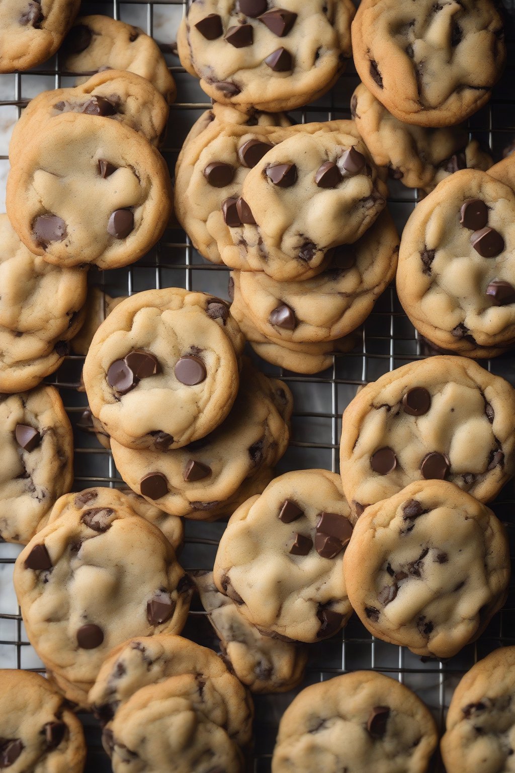 A high-resolution photo of golden classic chocolate chip cookies on a wire rack, dotted with melty chips, under soft lighting.