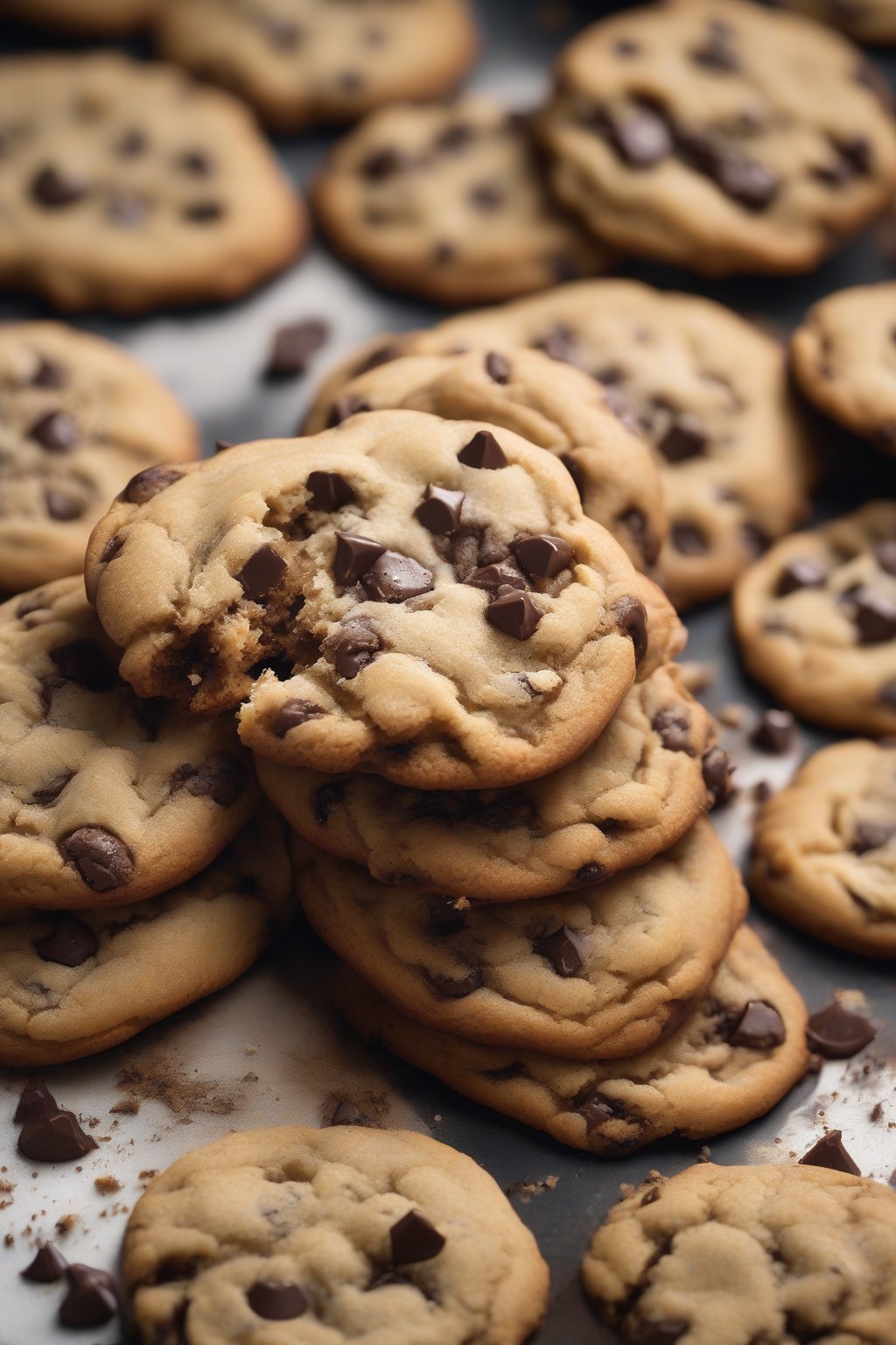 A high-resolution photo of a stack of chewy chocolate chip cookies with gooey centers, crumbs falling, under soft lighting.