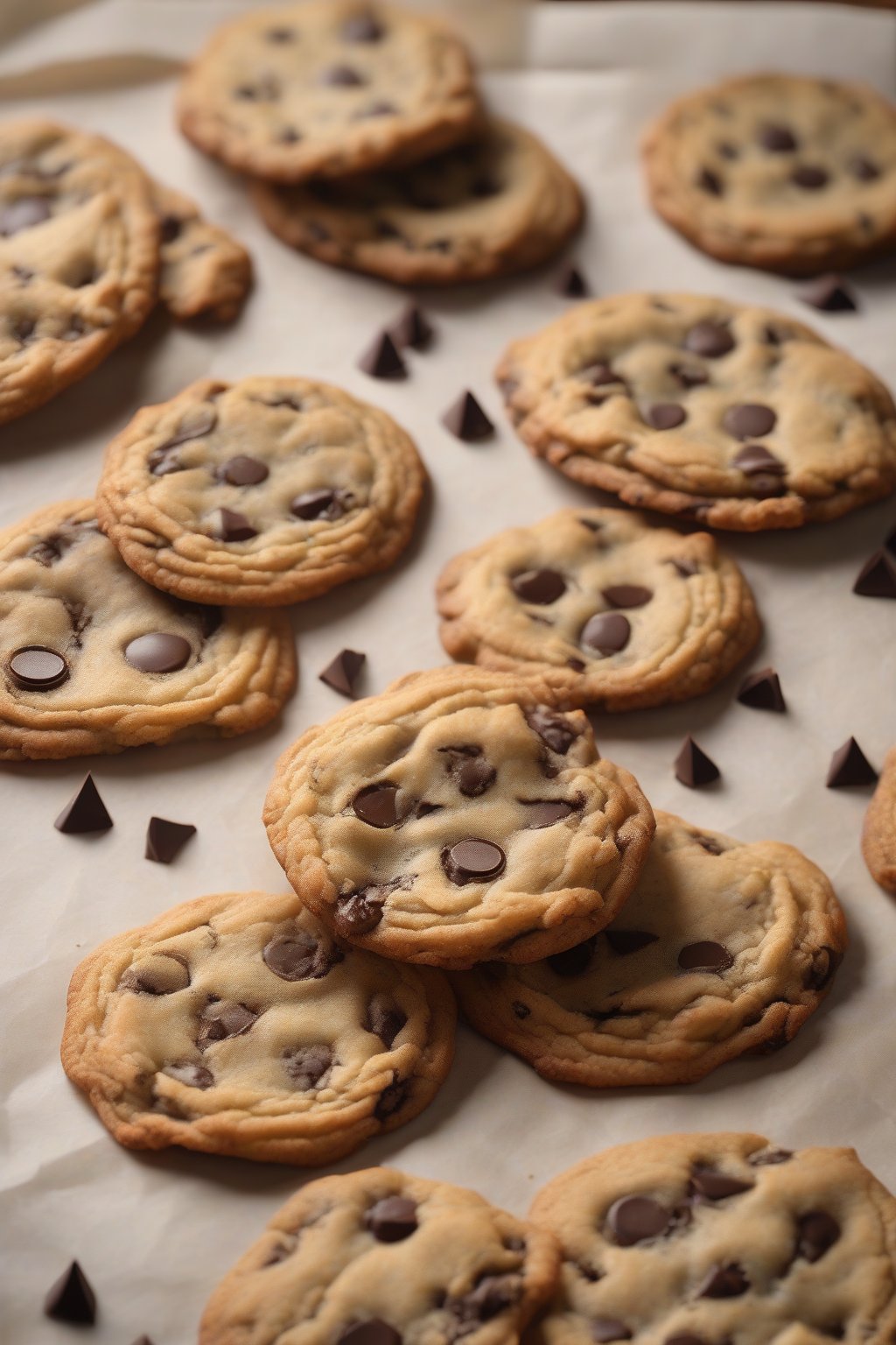 A high-resolution photo of crispy-edged chocolate chip cookies fanned out on parchment, under soft lighting.