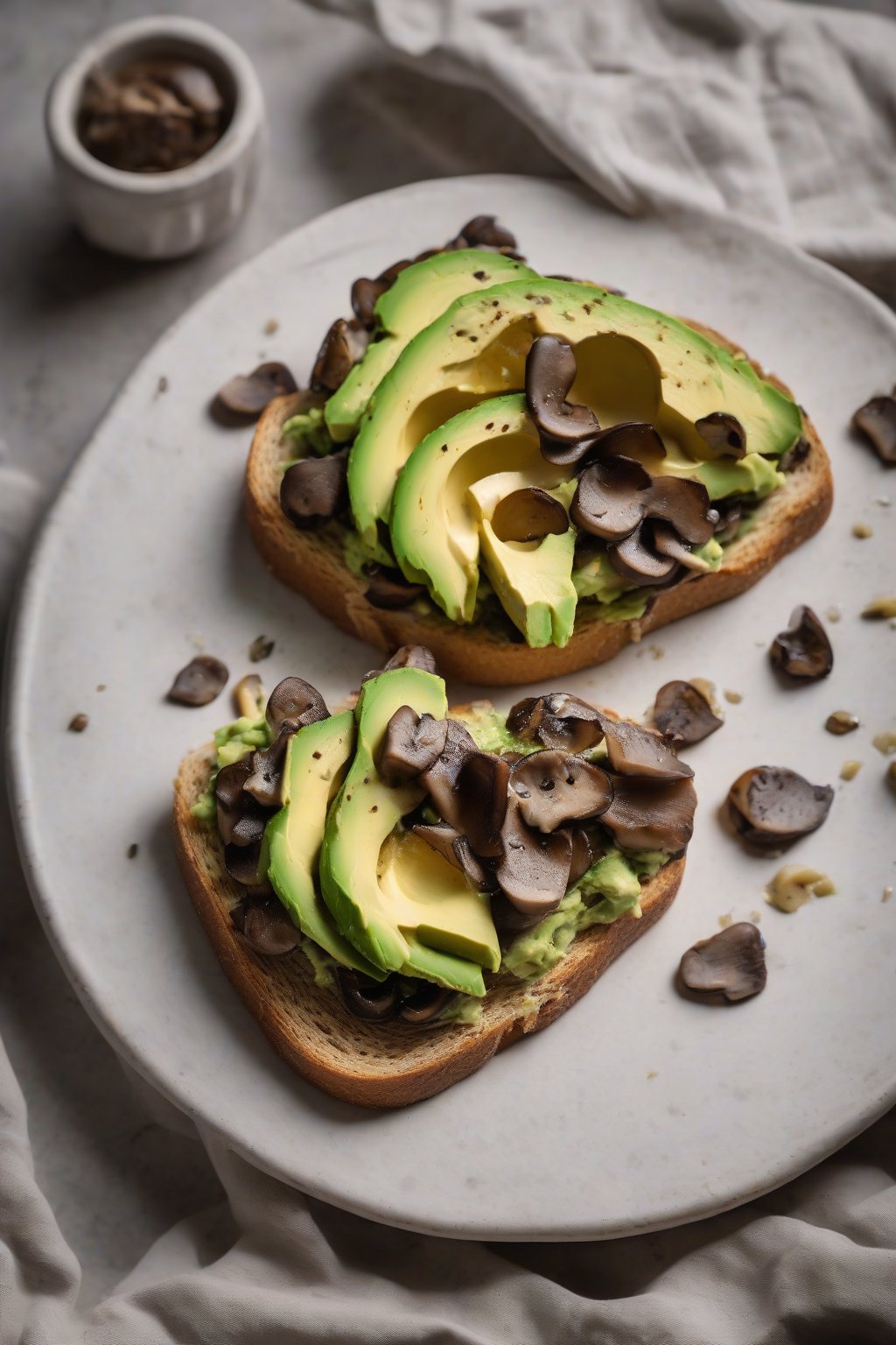 A high-resolution photo of truffle mushroom avocado toast under soft lighting.