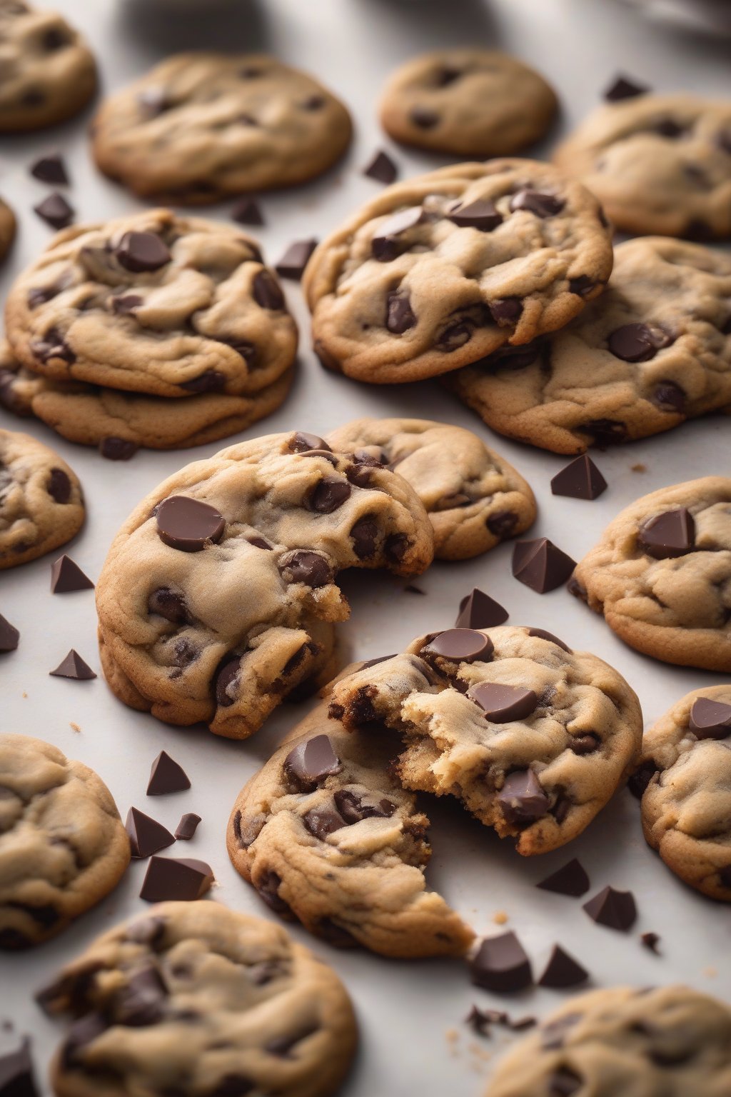 A high-resolution photo of vegan chocolate chip cookies piled high, with shiny tops, under soft lighting.