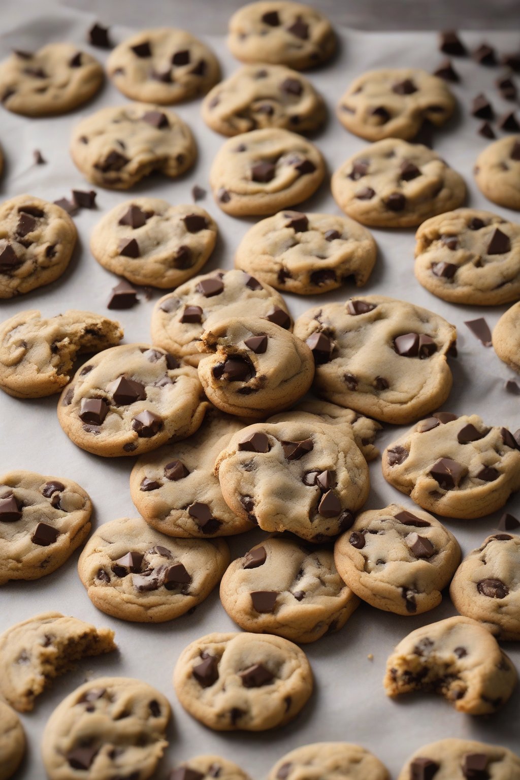 A high-resolution photo of gluten-free chocolate chip cookies cracked open to show soft insides, under soft lighting.