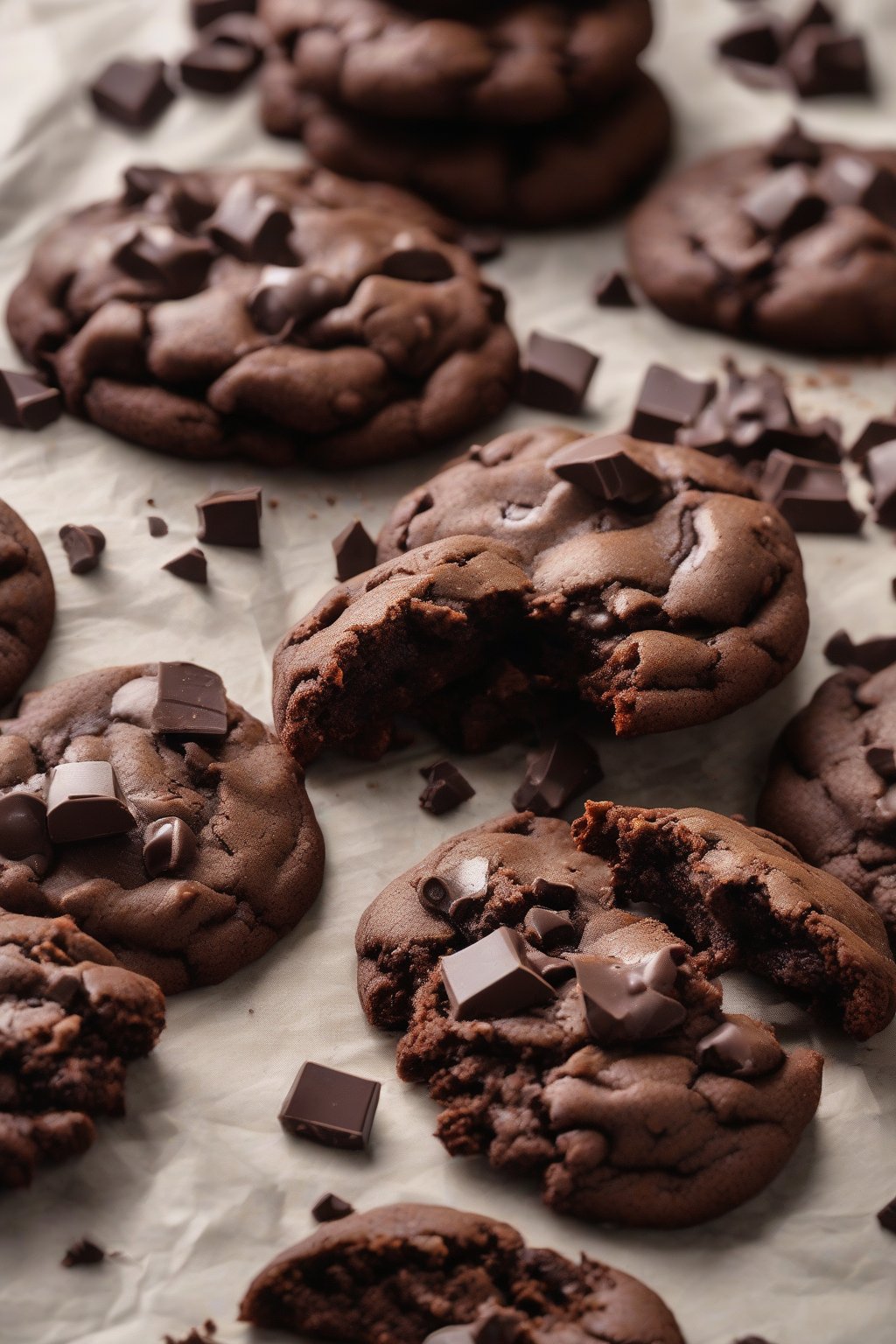 A high-resolution photo of fudgy double chocolate chip cookies with chunks oozing, under soft lighting.