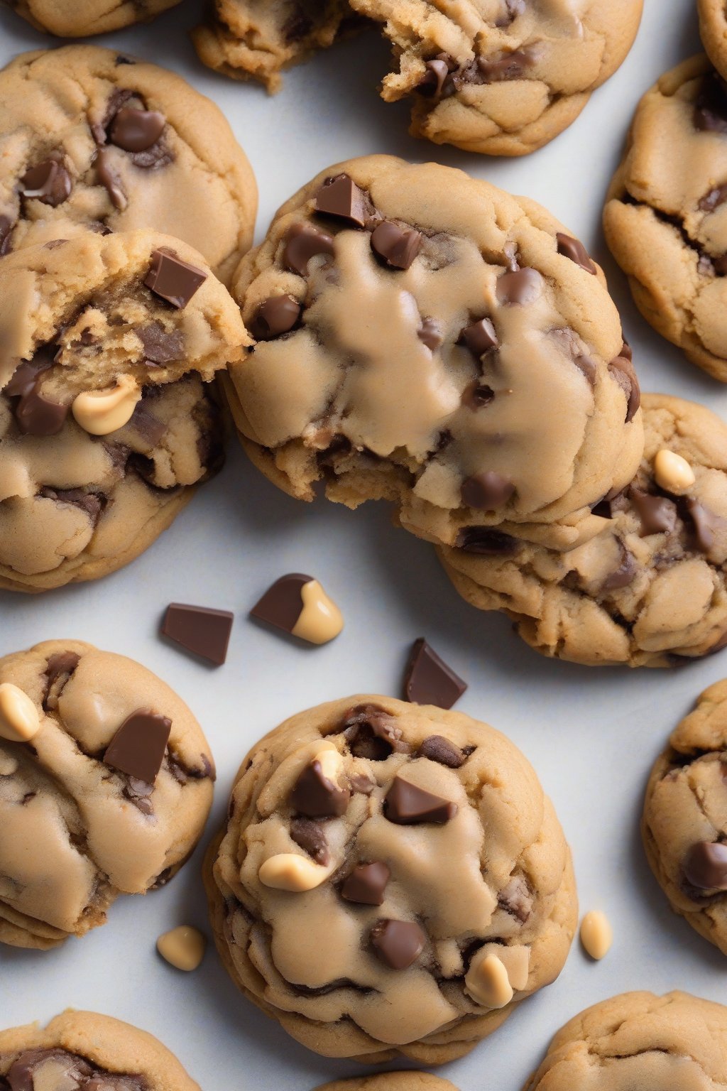 A high-resolution photo of peanut butter chocolate chip cookies with crisscross tops and melty pools, under soft lighting.