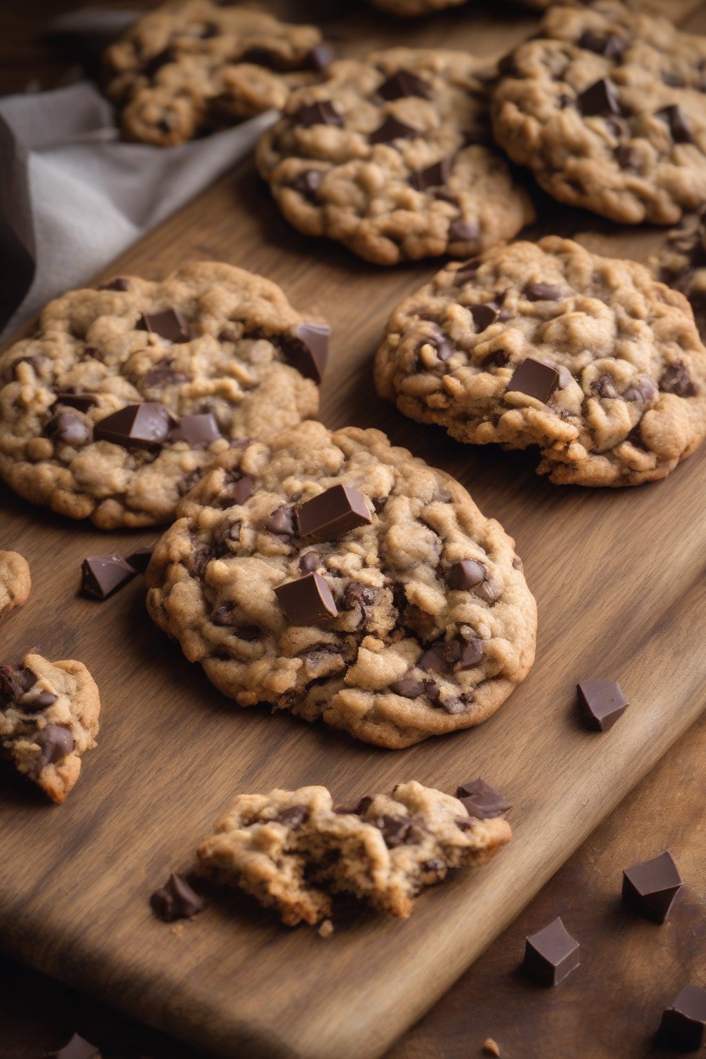 A high-resolution photo of chunky oatmeal chocolate chip cookies on a rustic board, under soft lighting.
