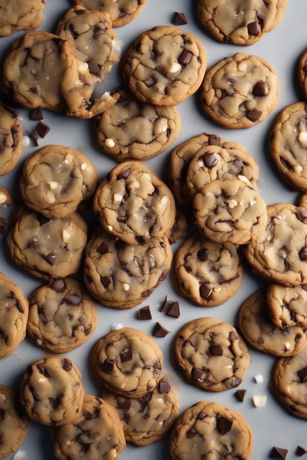 A high-resolution photo of sea salt-flecked chocolate chip cookies with caramelized edges, under soft lighting.