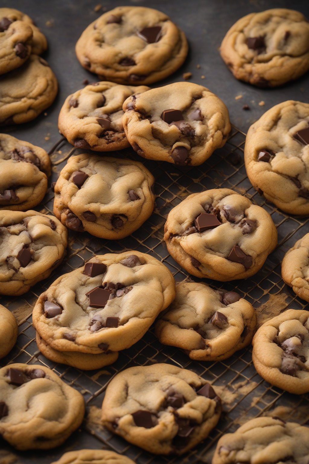 A high-resolution photo of brown butter chocolate chip cookies with deep golden hue and gooey centers, under soft lighting.