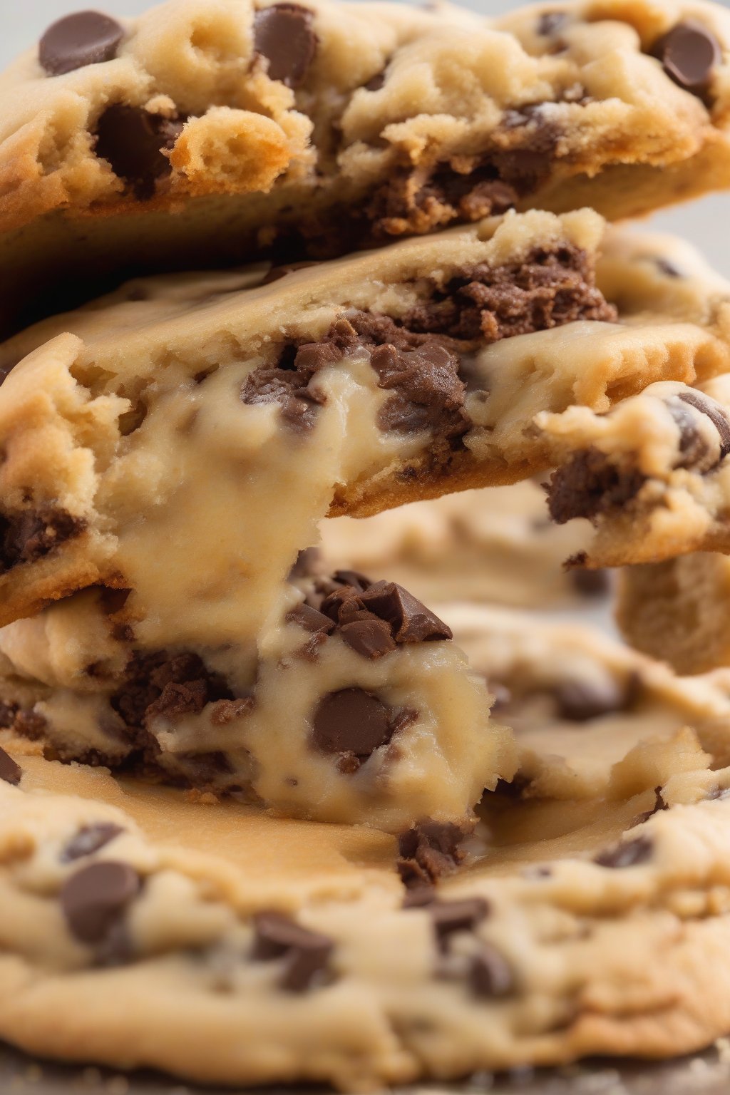 A high-resolution photo of a cross-sectioned stuffed chocolate chip cookie revealing creamy filling, under soft lighting.