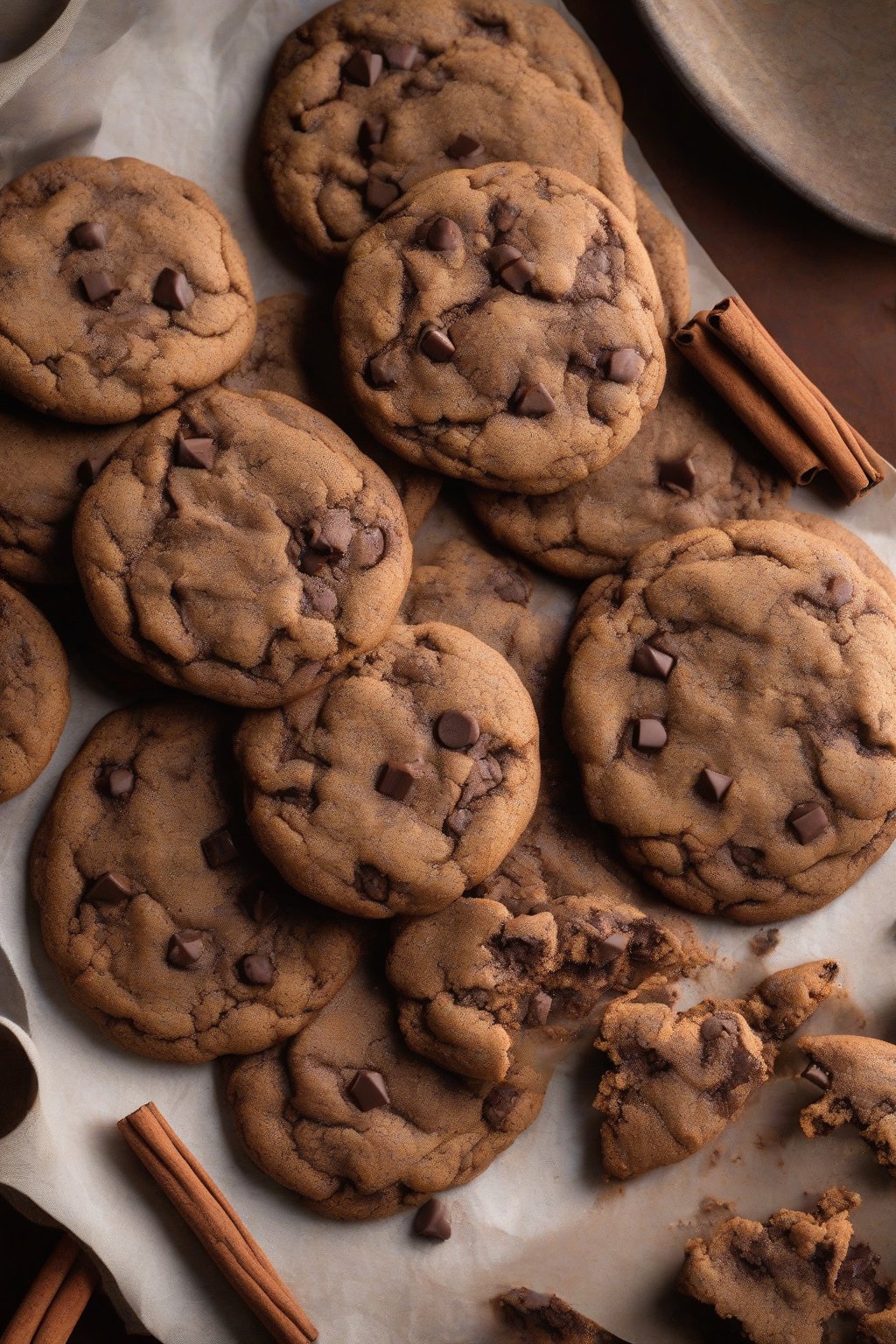 A high-resolution photo of spiced Mexican chocolate chip cookies dusted with cinnamon, under soft lighting.