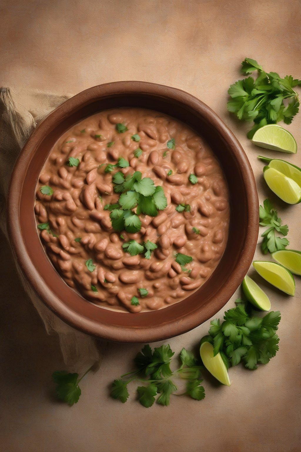 A high-resolution photo of classic refried beans in a rustic clay bowl, creamy and garnished with cilantro, under soft lighting.