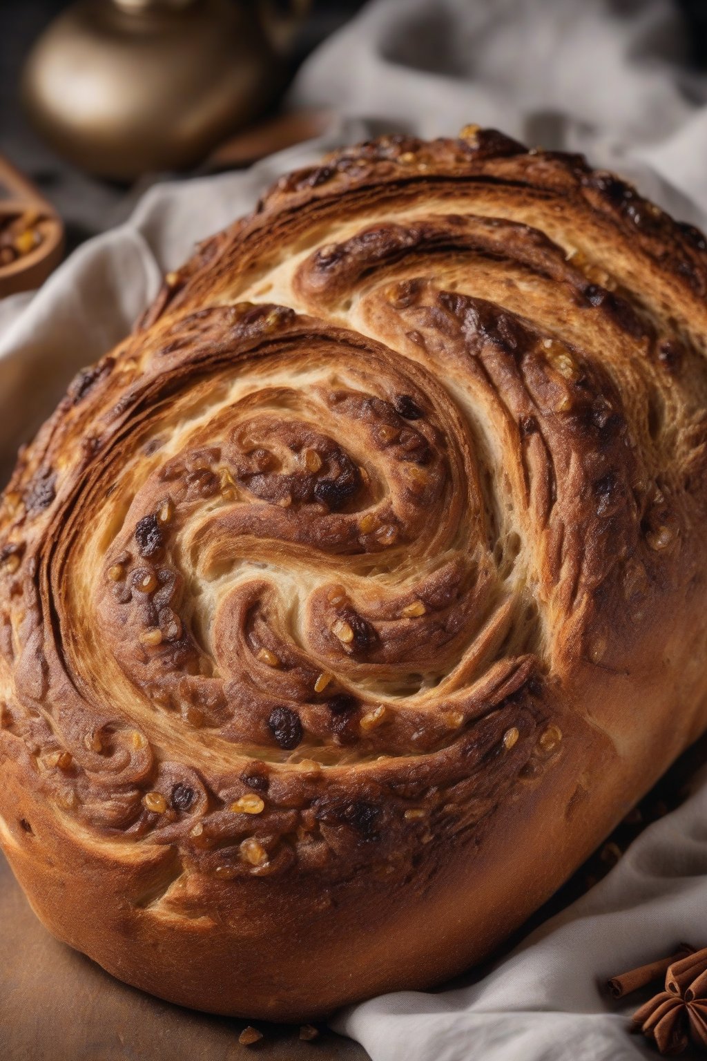 A high-resolution photo of cinnamon raisin sourdough with swirls of spice and golden raisins dotting the interior, under soft lighting.