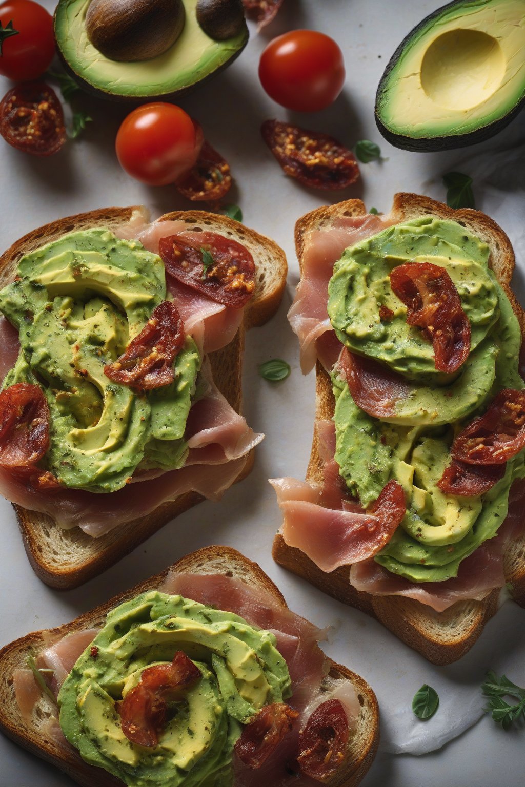 A high-resolution photo of pesto prosciutto sun-dried tomato avocado toast under soft lighting.