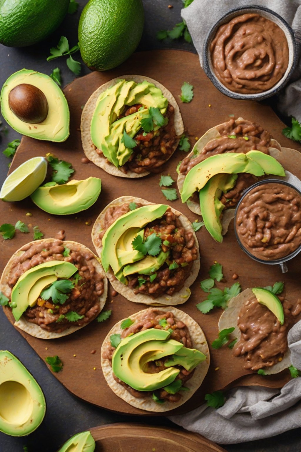 A high-resolution photo of vegan refried beans spread on tostadas with avocado slices, under soft lighting.